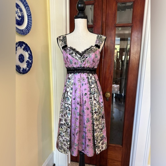 Nanette Lapore | Vintage 100% Silk Floral Midi Dress with Lace Detail, Size 0 - Picture 1 of 12